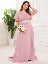 ever MONICA|Long Empire Waist Bridesmaid Dress with Short Flutter Sleeves