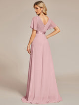 ever MONICA|Long Empire Waist Bridesmaid Dress with Short Flutter Sleeves