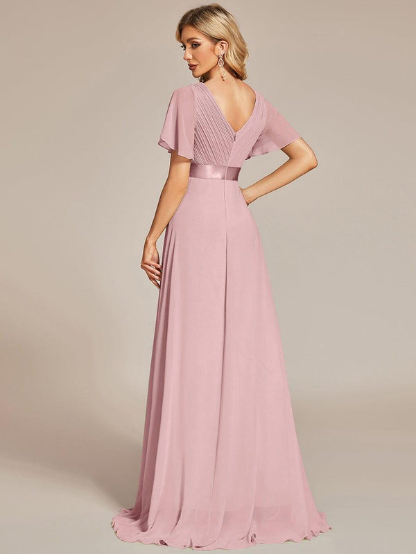 ever MONICA|Long Empire Waist Bridesmaid Dress with Short Flutter Sleeves