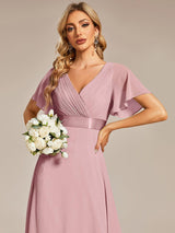 ever MONICA|Long Empire Waist Bridesmaid Dress with Short Flutter Sleeves