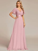 ever MONICA|Long Empire Waist Bridesmaid Dress with Short Flutter Sleeves