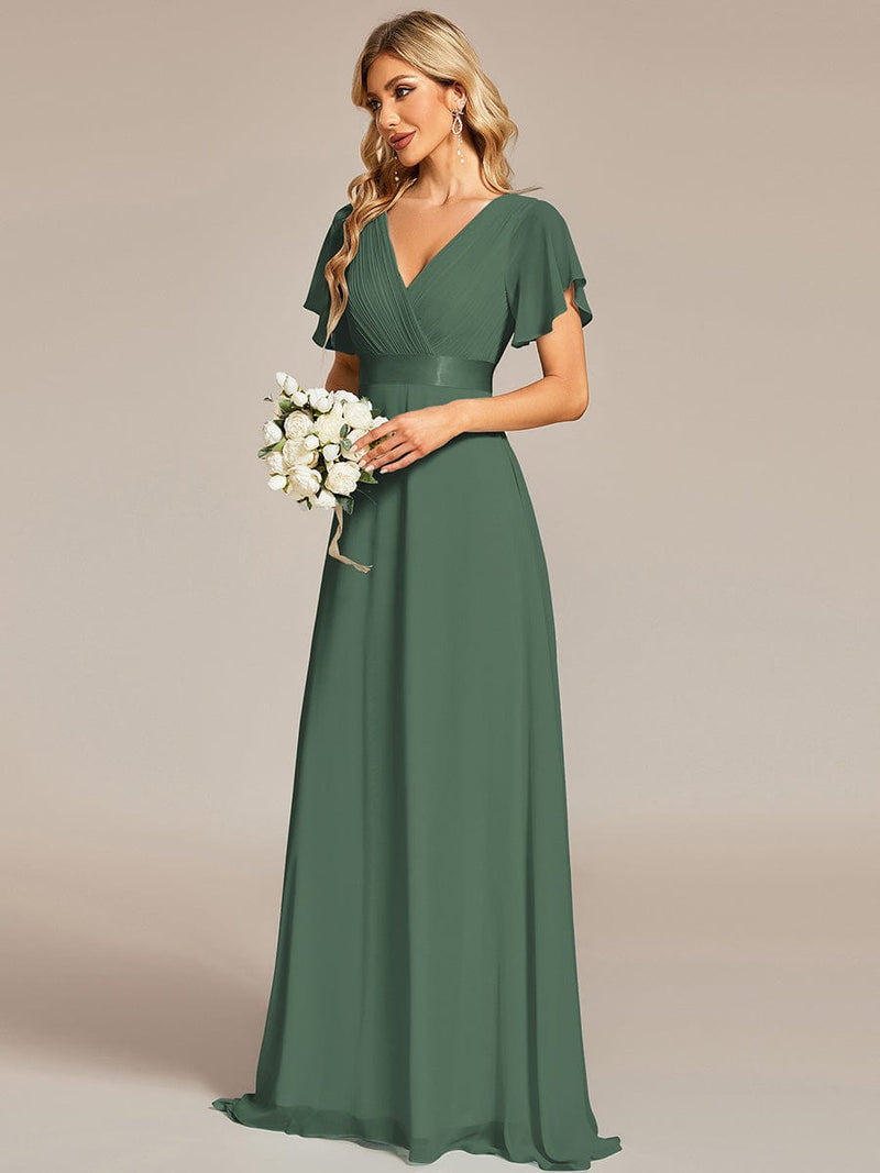 ever MONICA|Long Empire Waist Bridesmaid Dress with Short Flutter Sleeves