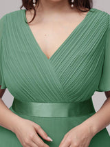 pretty MONICA|Plus Size Empire Waist V Back Bridesmaid Dress with Short Sleeves