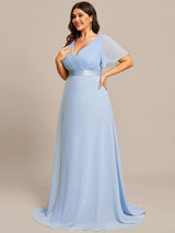 pretty MONICA|Plus Size Empire Waist V Back Bridesmaid Dress with Short Sleeves