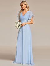 ever MONICA|Long Empire Waist Bridesmaid Dress with Short Flutter Sleeves