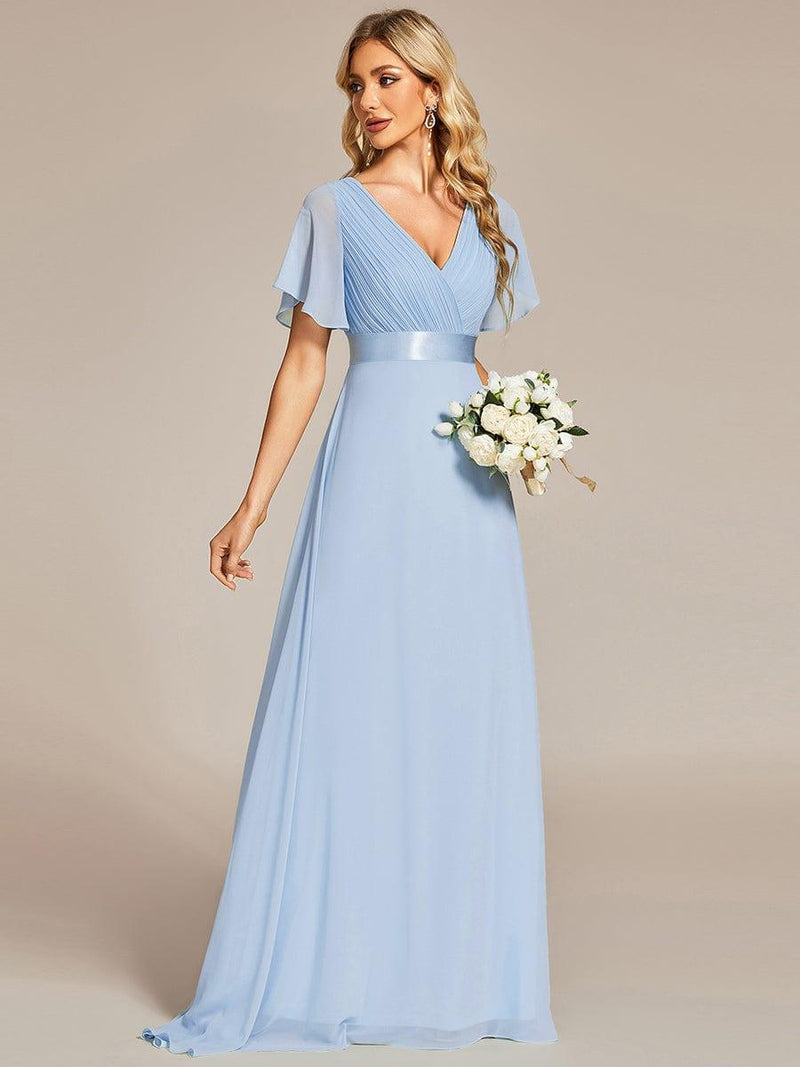 ever MONICA|Long Empire Waist Bridesmaid Dress with Short Flutter Sleeves