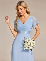 ever MONICA|Long Empire Waist Bridesmaid Dress with Short Flutter Sleeves