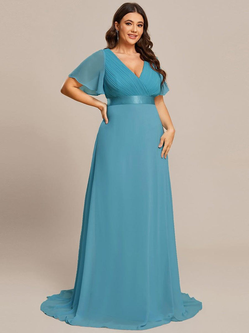 pretty MONICA|Plus Size Empire Waist V Back Bridesmaid Dress with Short Sleeves