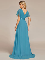 ever MONICA|Long Empire Waist Bridesmaid Dress with Short Flutter Sleeves