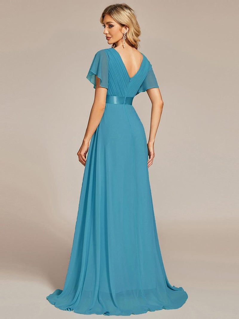 ever MONICA|Long Empire Waist Bridesmaid Dress with Short Flutter Sleeves