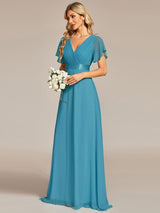 ever MONICA|Long Empire Waist Bridesmaid Dress with Short Flutter Sleeves
