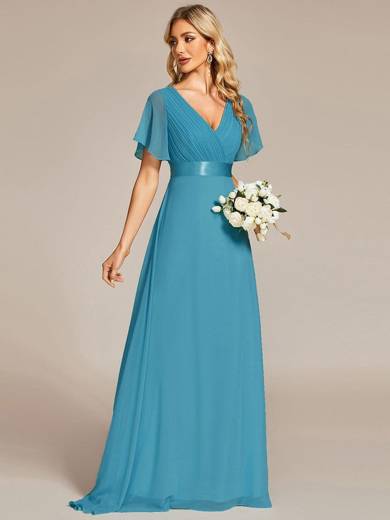 ever MONICA|Long Empire Waist Bridesmaid Dress with Short Flutter Sleeves