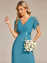 ever MONICA|Long Empire Waist Bridesmaid Dress with Short Flutter Sleeves