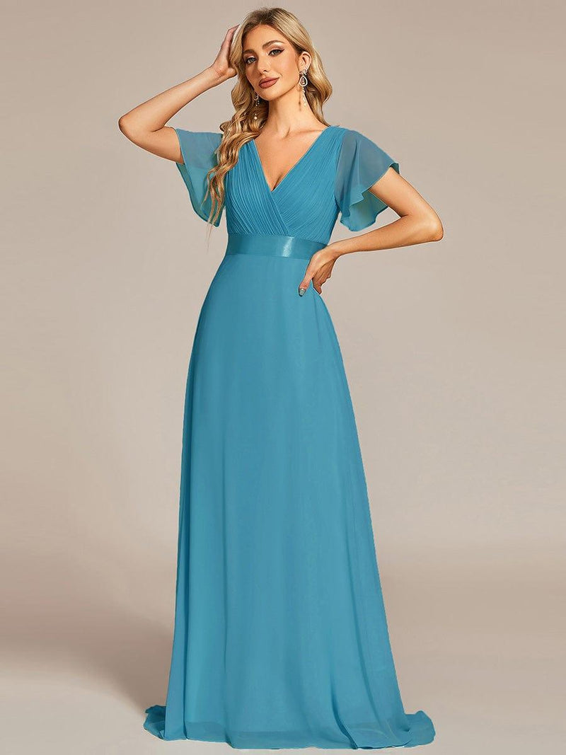 ever MONICA|Long Empire Waist Bridesmaid Dress with Short Flutter Sleeves