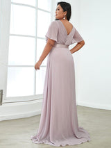 ever MONICA|Long Empire Waist Bridesmaid Dress with Short Flutter Sleeves