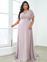 ever MONICA|Long Empire Waist Bridesmaid Dress with Short Flutter Sleeves
