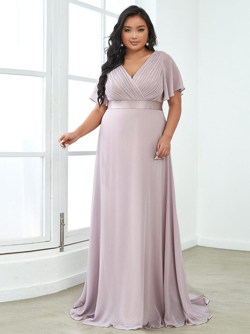 ever MONICA|Long Empire Waist Bridesmaid Dress with Short Flutter Sleeves