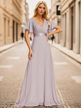 ever MONICA|Long Empire Waist Bridesmaid Dress with Short Flutter Sleeves