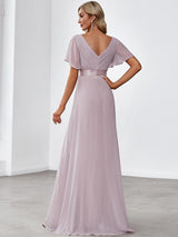 ever MONICA|Long Empire Waist Bridesmaid Dress with Short Flutter Sleeves