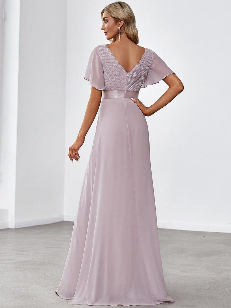 ever MONICA|Long Empire Waist Bridesmaid Dress with Short Flutter Sleeves