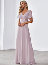 ever MONICA|Long Empire Waist Bridesmaid Dress with Short Flutter Sleeves