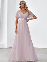 ever MONICA|Long Empire Waist Bridesmaid Dress with Short Flutter Sleeves