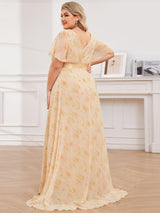 ever MONICA|Long Empire Waist Bridesmaid Dress with Short Flutter Sleeves