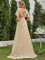ever MONICA|Long Empire Waist Bridesmaid Dress with Short Flutter Sleeves