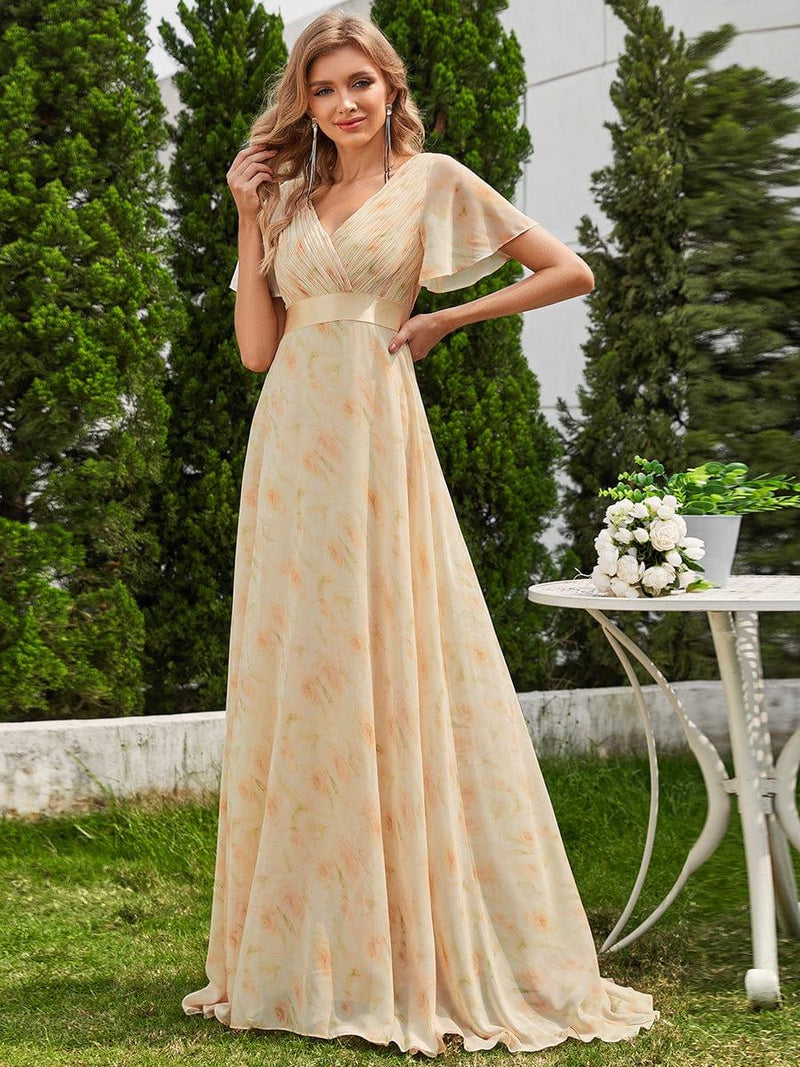 ever MONICA|Long Empire Waist Bridesmaid Dress with Short Flutter Sleeves