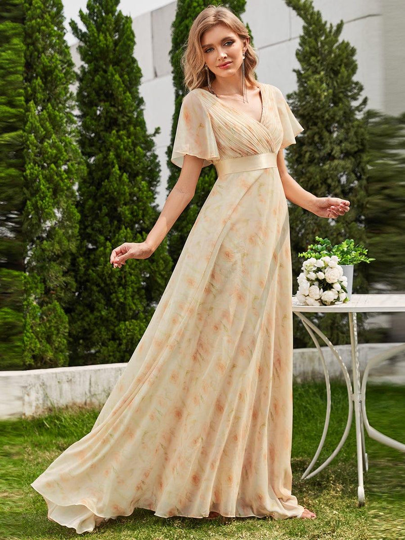 ever MONICA|Long Empire Waist Bridesmaid Dress with Short Flutter Sleeves