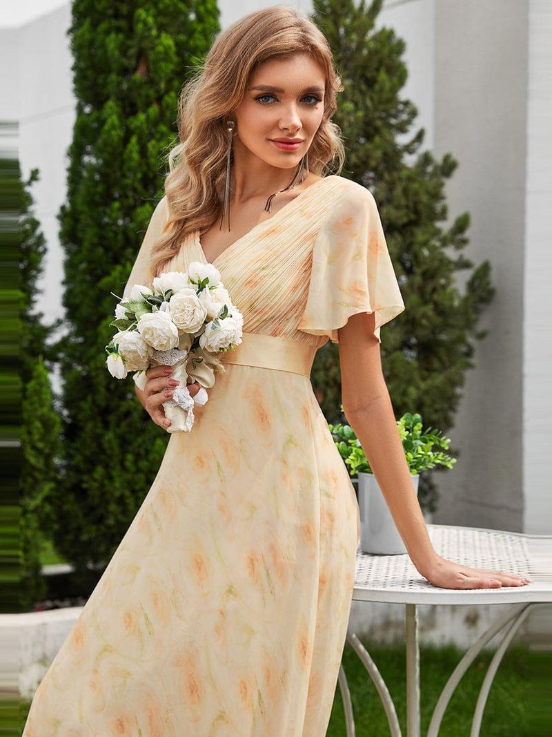 ever MONICA|Long Empire Waist Bridesmaid Dress with Short Flutter Sleeves