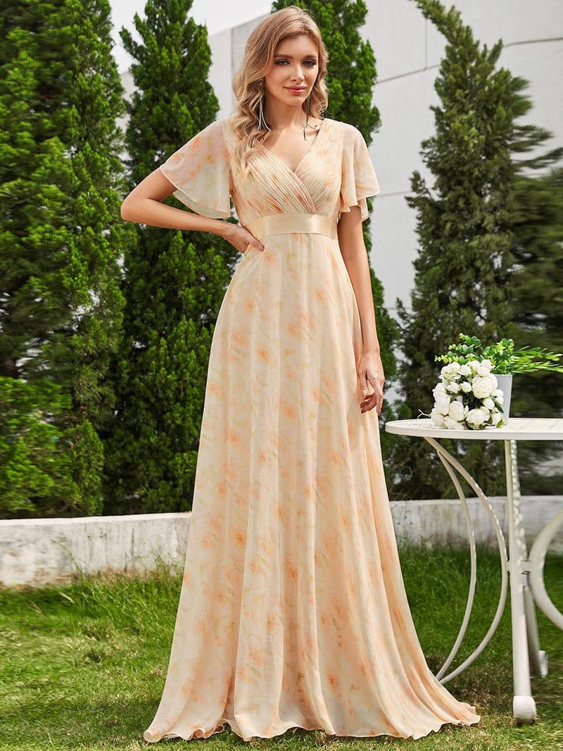 ever MONICA|Long Empire Waist Bridesmaid Dress with Short Flutter Sleeves