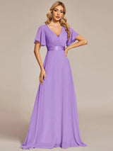 ever MONICA|Long Empire Waist Bridesmaid Dress with Short Flutter Sleeves
