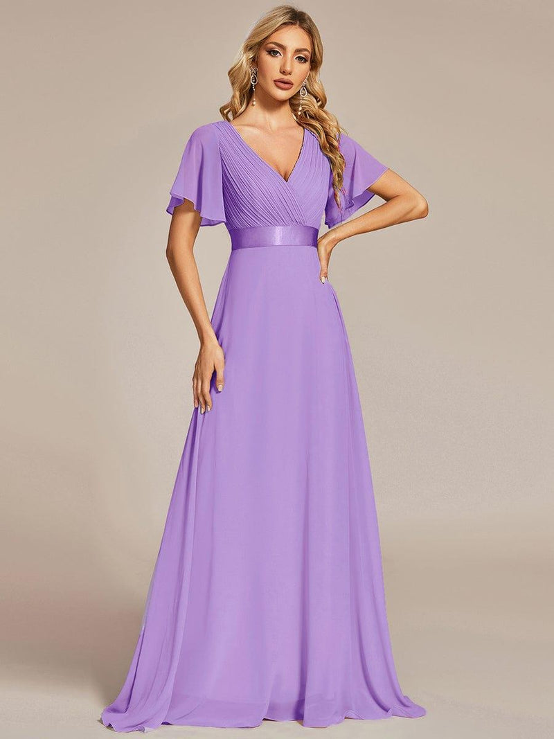 ever MONICA|Long Empire Waist Bridesmaid Dress with Short Flutter Sleeves
