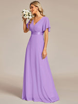ever MONICA|Long Empire Waist Bridesmaid Dress with Short Flutter Sleeves