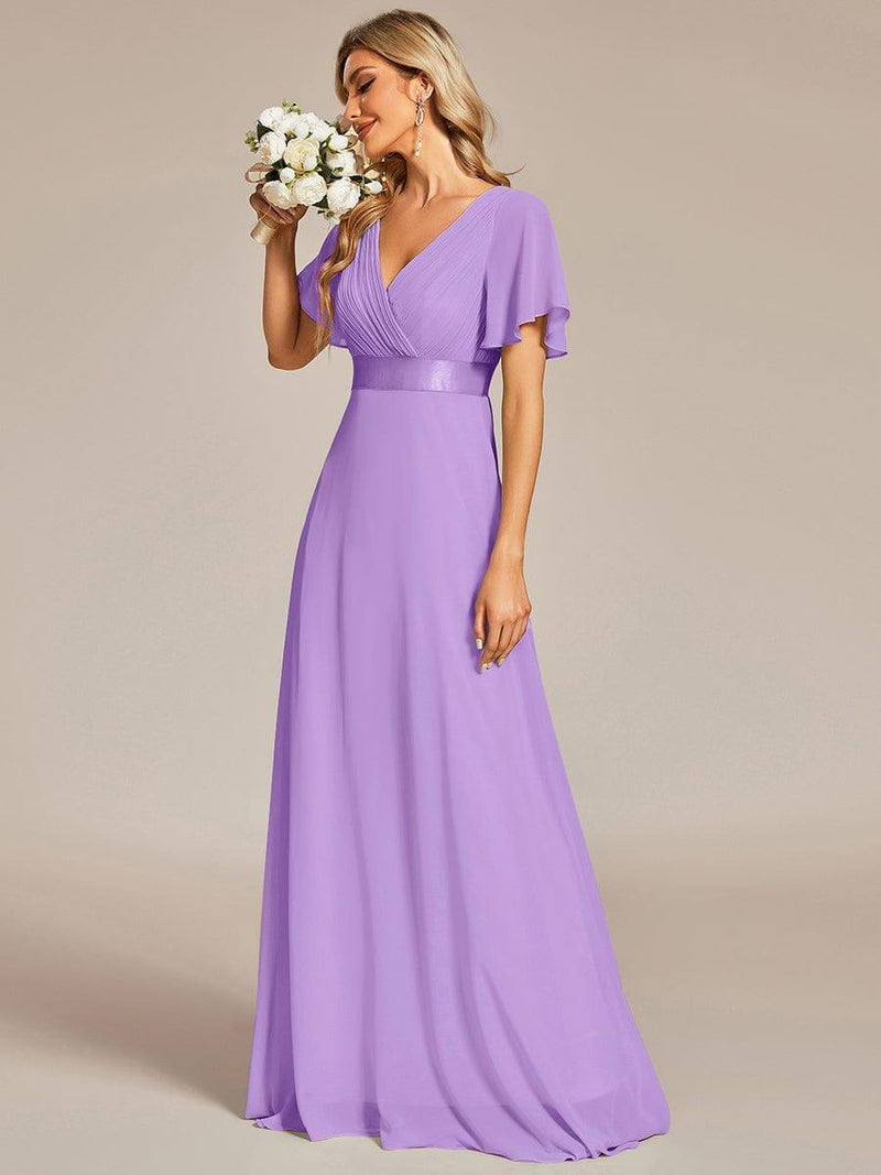 ever MONICA|Long Empire Waist Bridesmaid Dress with Short Flutter Sleeves