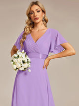 ever MONICA|Long Empire Waist Bridesmaid Dress with Short Flutter Sleeves