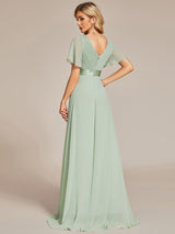 ever MONICA|Long Chiffon Empire Waist Bridesmaid Dress with Short Flutter Sleeves