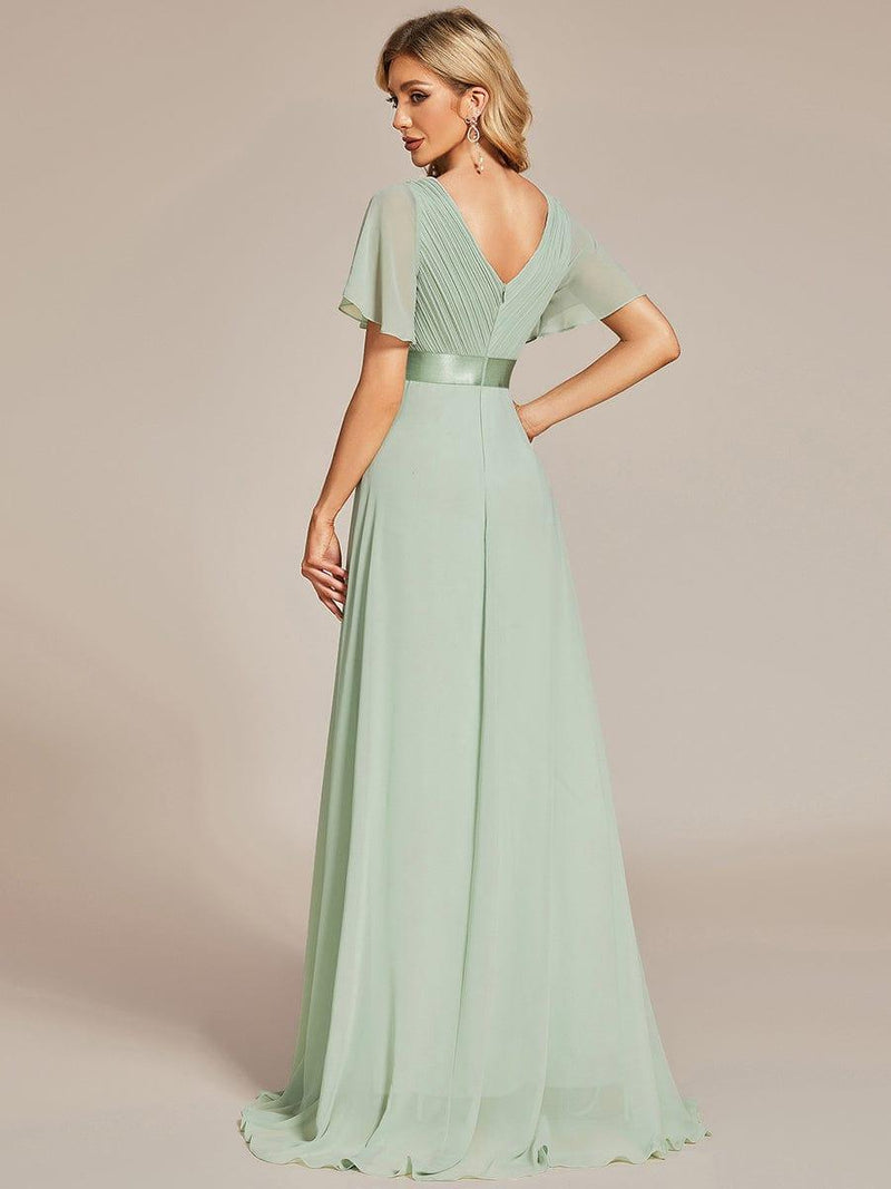 ever MONICA|Long Chiffon Empire Waist Bridesmaid Dress with Short Flutter Sleeves