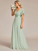 ever MONICA|Long Chiffon Empire Waist Bridesmaid Dress with Short Flutter Sleeves