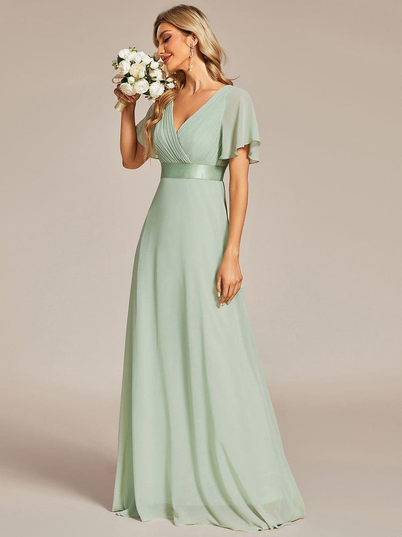 ever MONICA|Long Chiffon Empire Waist Bridesmaid Dress with Short Flutter Sleeves