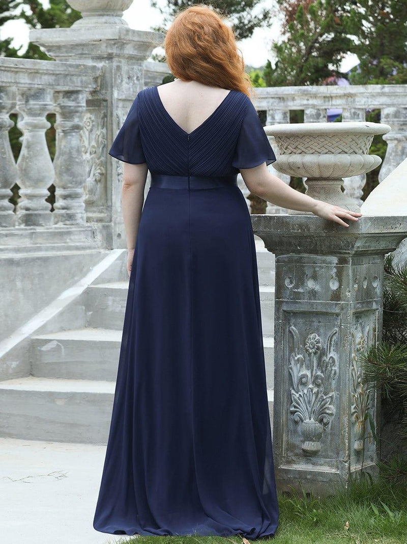 pretty MONICA|Plus Size Empire Waist V Back Bridesmaid Dress with Short Sleeves