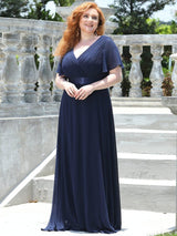 pretty MONICA|Plus Size Empire Waist V Back Bridesmaid Dress with Short Sleeves