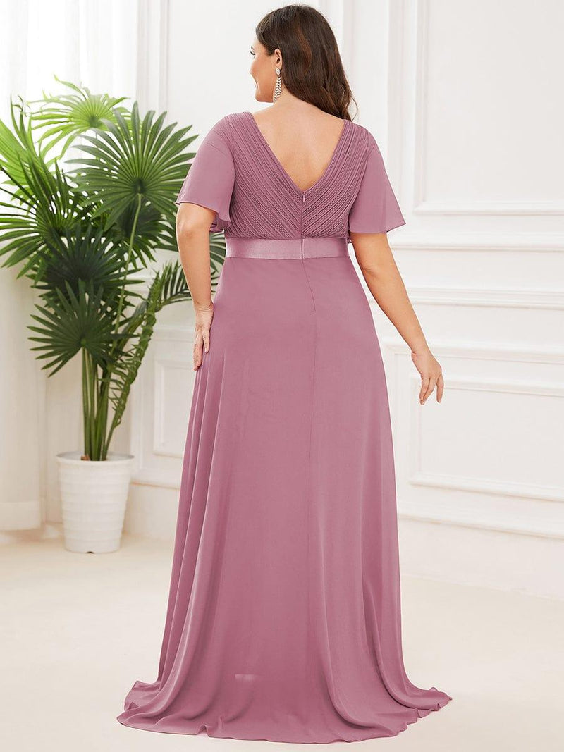 pretty MONICA|Plus Size Empire Waist V Back Bridesmaid Dress with Short Sleeves