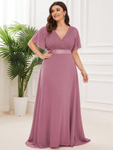 pretty MONICA|Plus Size Empire Waist V Back Bridesmaid Dress with Short Sleeves