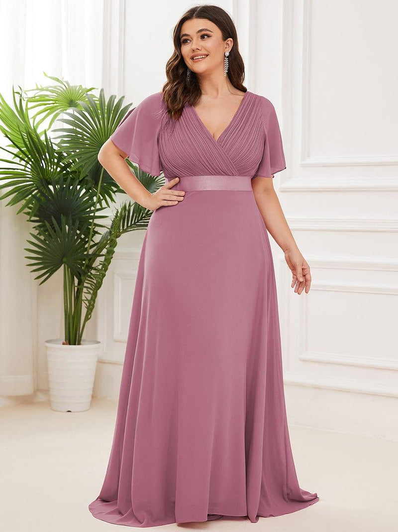 pretty MONICA|Plus Size Empire Waist V Back Bridesmaid Dress with Short Sleeves