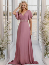 ever MONICA|Long Empire Waist Bridesmaid Dress with Short Flutter Sleeves