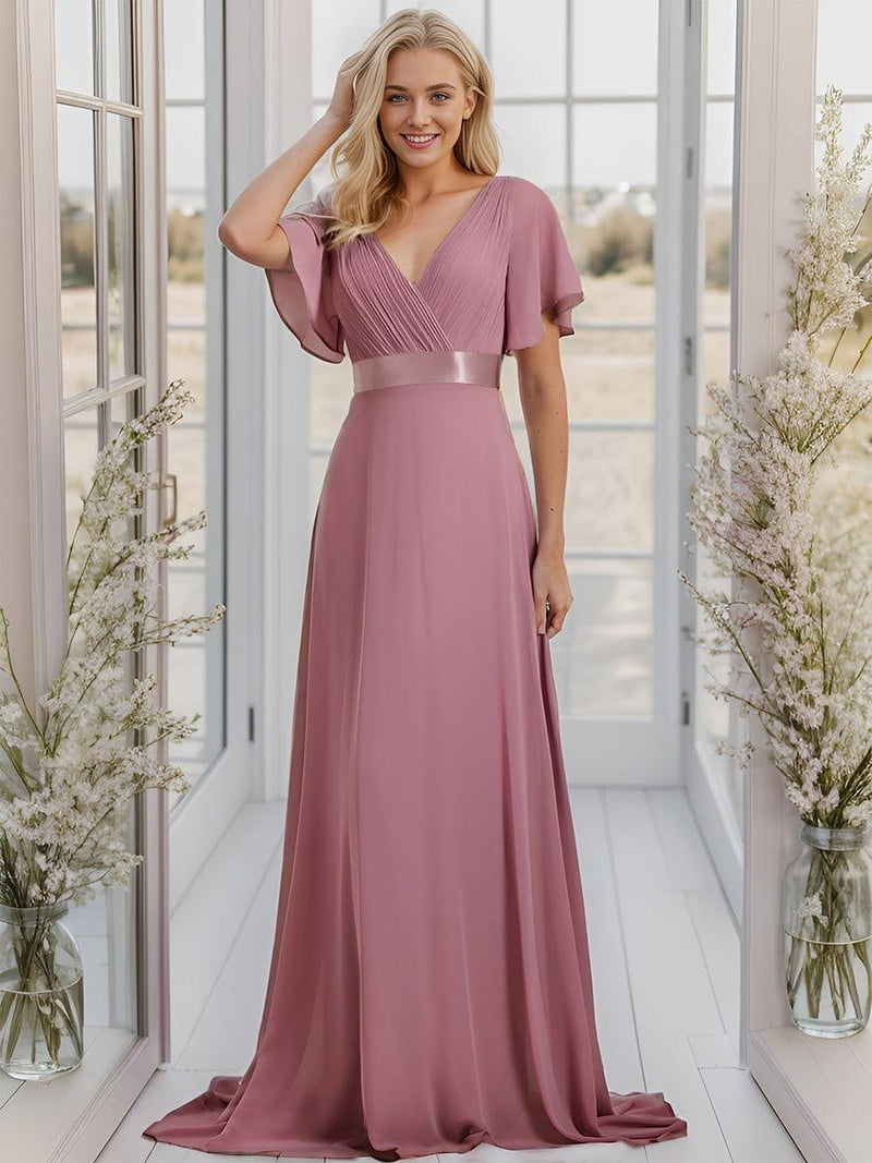 ever MONICA|Long Empire Waist Bridesmaid Dress with Short Flutter Sleeves
