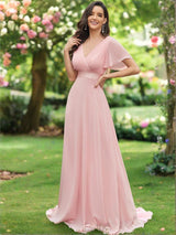 ever MONICA|Long Chiffon Empire Waist Bridesmaid Dress with Short Flutter Sleeves