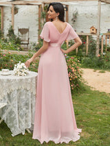 ever MONICA|Long Chiffon Empire Waist Bridesmaid Dress with Short Flutter Sleeves